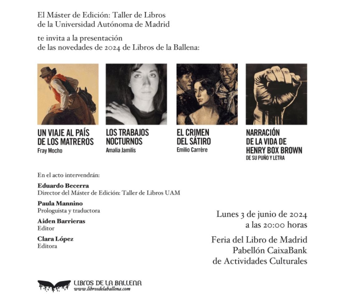 ¡El próximo lunes 3 de junio presentamos las novedades de Libros de la Ballena en la Feria del Libro de Madrid! Nos hace mucha ilusión enseñaros el fruto de nuestro trabajo.

Será a las 20:00 en el Pabellón CaixaBank, no os lo perdáis.💙📚🐳
