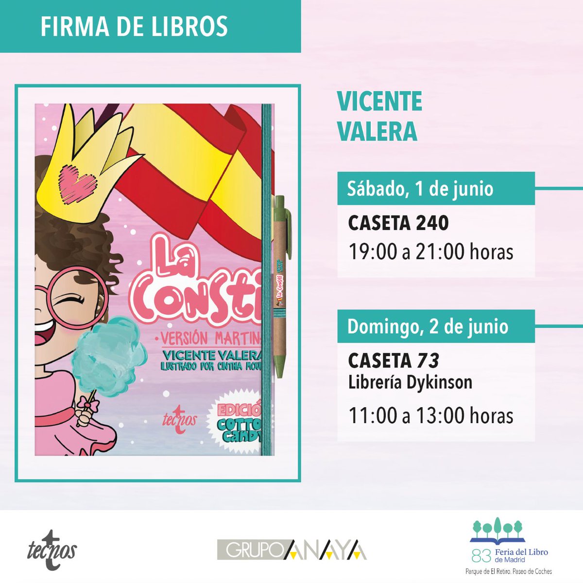 ¡Queridos amigos! Este fin de semana comienza la <a href="/FLMadrid/">Feria del Libro de Madrid</a> y nuestro querido Vicente Valera estará firmando ejemplares de sus títulos en la Caseta 240 de #GrupoAnaya el sábado 1 de junio de 19.00 a 21.00 y el domingo de 11.00 a 13.00 en <a href="/dykinsonlibros/">Librería - Editorial Dykinson 📚</a> #oposiciones 👇
