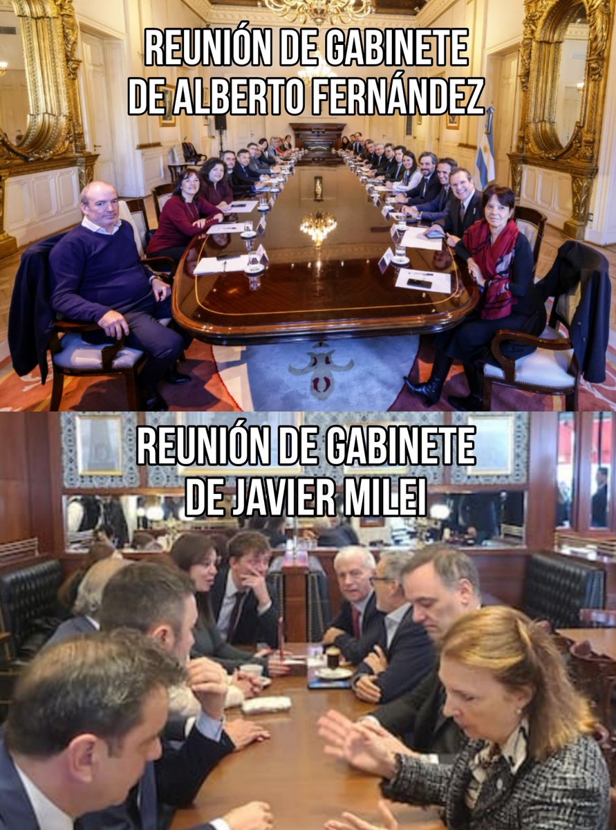 Reunión de gabinete de Alberto Fernández, eran tantos ministros que apenas entraban en la mesa. Reunión de gabinete de Javier Milei, entran todos los ministros en la mesa de un bar. Motosierra. Abrazo.