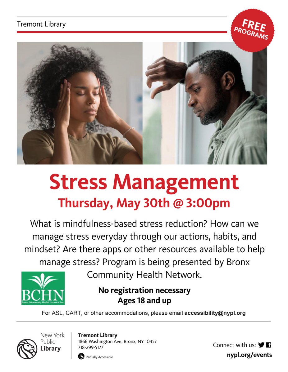 Join Tremont library staff and <a href="/BCHNHealth/">BCHN</a>  for a special #mentalhealthawarenessmonth workshop this Thursday at 3:00pm. Learn about tips and strategies for managing stress in your life. Light refreshments will be available. For ages 18 and up.