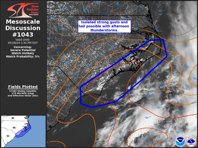 Isolated strong wind gusts or two for storms mainly to our northeast today. Like we mentioned this morning, we’re looking at an isolated storm or two. Most locations remain dry. Watch is not expected. @wmbfnews @jamiearnoldWMBF #ncwx #scwx #myrwx