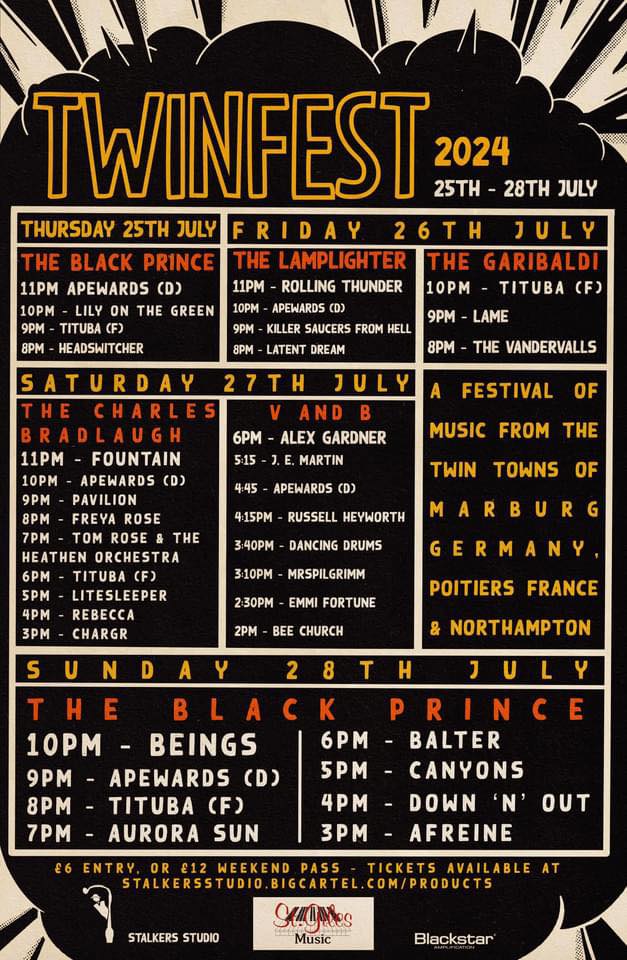 Woop! @twinfestntown is here! The festival dates for our place are the opening & closing dates, Thurs July 25th and Sun July 28th. Check the line-up below! And give our French and German counterparts a warm welcome. T1cket5 for both dates from stalkersstudio.bigcartel.com/products