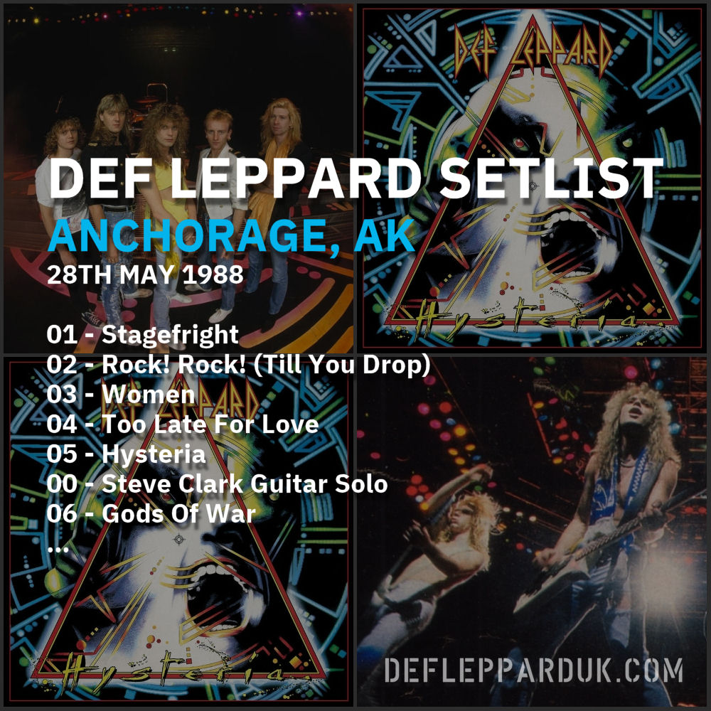 #DefLeppard #Setlist for show 2/2 in
#Anchorage AK USA 🇺🇸 36 Years Ago on this day in 1988

01 - Stagefright
02 - Rock! Rock! (Till You Drop)
03 - Women...

#Hysteria #SteveClark #HysteriaTour #joeelliott #ricksavage #rickallen #philcollen
deflepparduk.com/1988anchorage2…