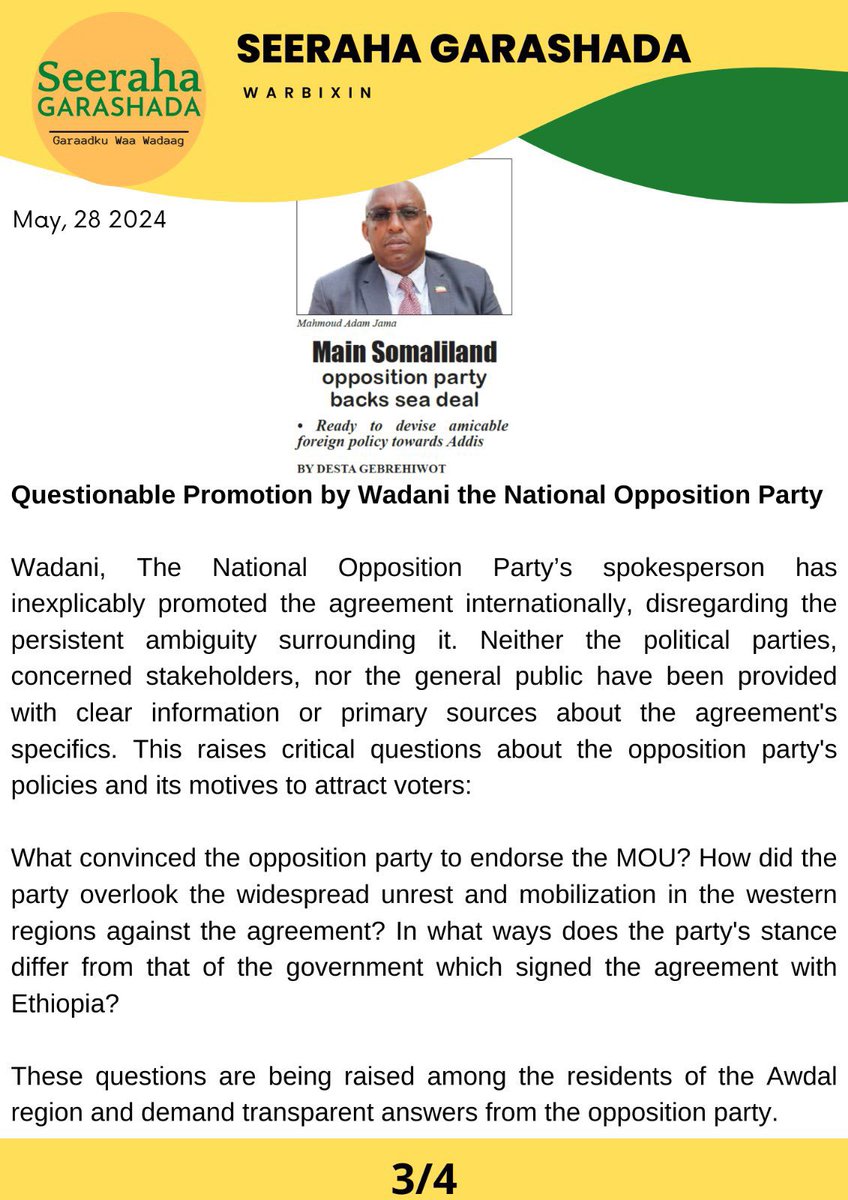 Ehelsan_Saleban's tweet photo. It’s proven that Wadani Party of Qays-land has no agenda of its own. They copy & follow the rhetoric. slogans of Kulmiye like granting Gabilay a region & ill-fated MoU without evaluating the pros & cons . They want to sell the MoU that destined internationally to a hapless fate because Wadani  lack political agenda ,  objectives & programmes .
Wadani party is doomed to failure like the Qoys-land project. @Abdirahmanirro @MXMaydhane  #Noteachone @IranGov @EUtoAU @ChinatoAU @EUCouncil @US_AU @mfa_russia @MFA_China @MFATurkiye @GovtOfKenya @arableague_gs @HersiAHassan