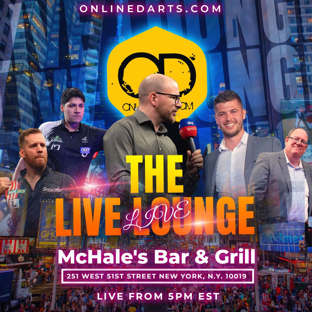 Online Darts (@officialoldarts) on Twitter photo ๐จ The Live Lounge Live Guests ๐จ
Our second Live Lounge Live comes to you from the Big Apple tomorrow ๐ฝ
๐ Wednesday 29th May 5pm EST
๐๏ธ <a href="/McHalesPub51/">McHale's Bar & Grill</a>
๐ฅ Confirmed guests
๐ค <a href="/danny_lauby/">Danny Lauby Jnr.</a>
๐ค <a href="/julesvandongen/">Julesvandongen aka The Dutch Dragon</a>
๐ค <a href="/Webby180/">Mark Webster</a>
๐ค <a href="/JamieBanks91/">Jamie Banks</a>
๐ค <a href="/ChampdartsCEO/">Peter Citera</a> ๐จ The Live Lounge Live Guests ๐จ
Our second Live Lounge Live comes to you from the Big Apple tomorrow ๐ฝ
๐ Wednesday 29th May 5pm EST
๐๏ธ <a href="/McHalesPub51/">McHale's Bar & Grill</a>
๐ฅ Confirmed guests
๐ค <a href="/danny_lauby/">Danny Lauby Jnr.</a>
๐ค <a href="/julesvandongen/">Julesvandongen aka The Dutch Dragon</a>
๐ค <a href="/Webby180/">Mark Webster</a>
๐ค <a href="/JamieBanks91/">Jamie Banks</a>
๐ค <a href="/ChampdartsCEO/">Peter Citera</a>