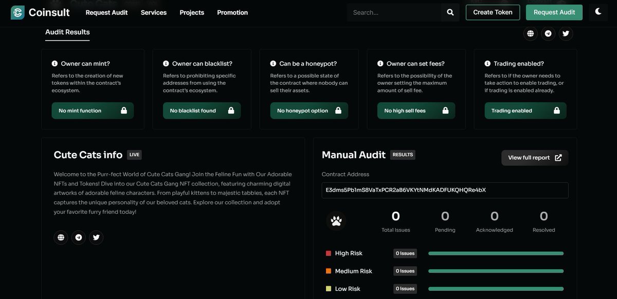 CuteCatsGang's tweet photo. 🚀 #CUTECATS PROJECT AUDITED BY COINSULT AUDIT!

🌟 Excited to share that #CCATS underwent a thorough audit by Coinsult Audit, a renowned auditing firm.

📊 Want to explore the audit findings? Access the complete report here: 

🚀 Join us in shaping a future of innovation https://t.co/OoeOkHlcJ9