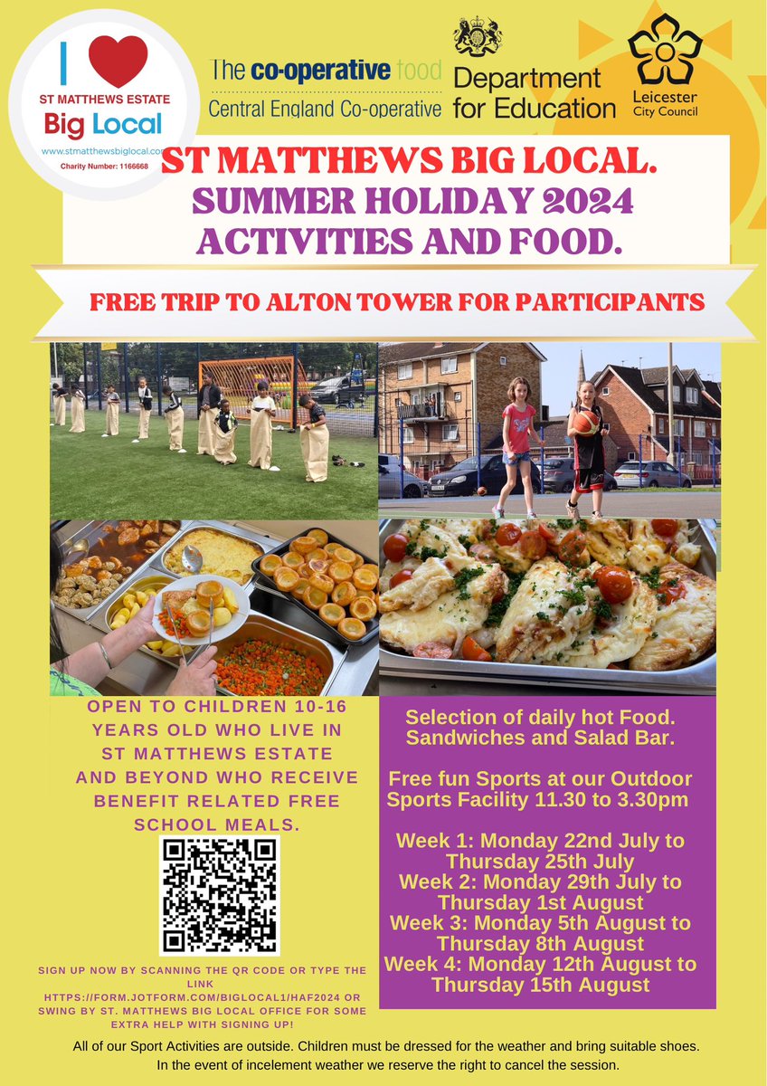 We are running Summer #HAF2024 for local children on benefit related free school meals. Free Trip to Alton Towers included. Sign up today scan the QR Code or pop into our offices.