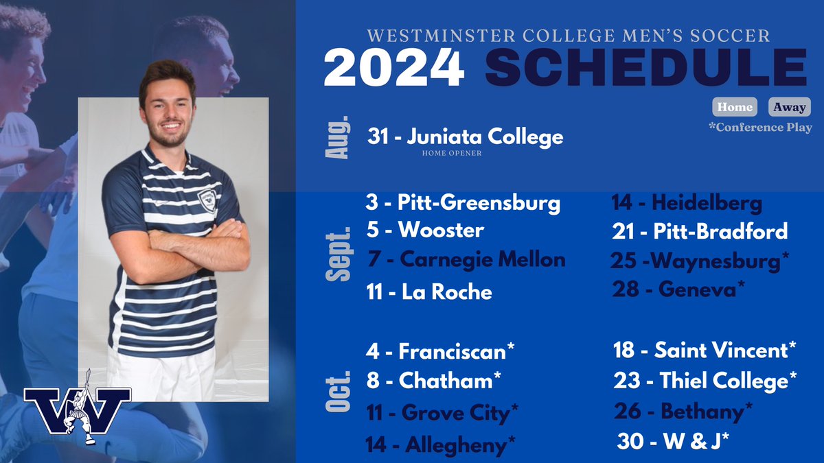 2024 season loading... 

Come see us play this fall at the UPMC Sports Complex or on the road.   

Check athletics.westminster.edu/sports/mens-so… the most updated information!