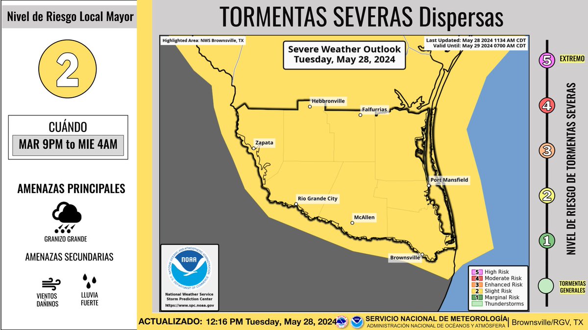 ⛈️The region is under a Slight Risk (level 2 of 5) for severe storms. Storm chances increase late this evening & tonight with storms moving in from west to east. The main threats with any severe storms are large hail, damaging wind gusts, & heavy rain. Stay weather aware! #rgvwx