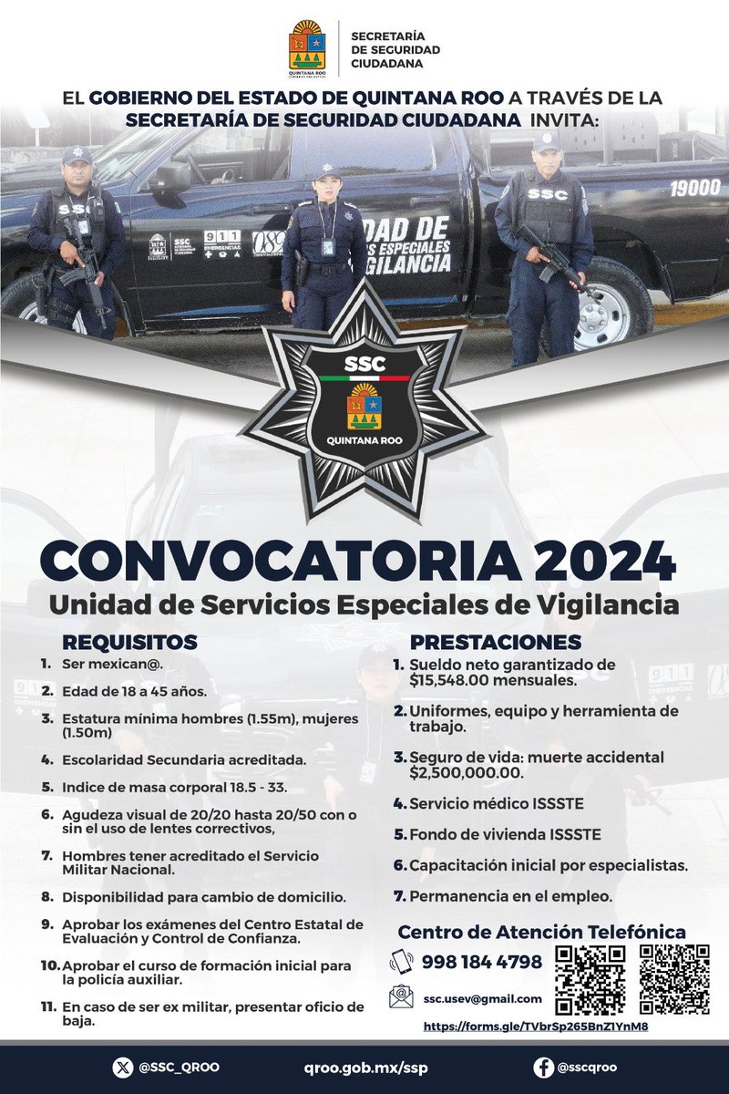 🔺 Forma parte de la Unidad de Servicios Especiales de Vigilancia en #Cancún.

✅ ¡Únete a la #SSC!  Si estás interesad@, envía tu CV al correo: 

sscc5recluta@gmail.com 

#ServiryProteger #CeroImpunidad