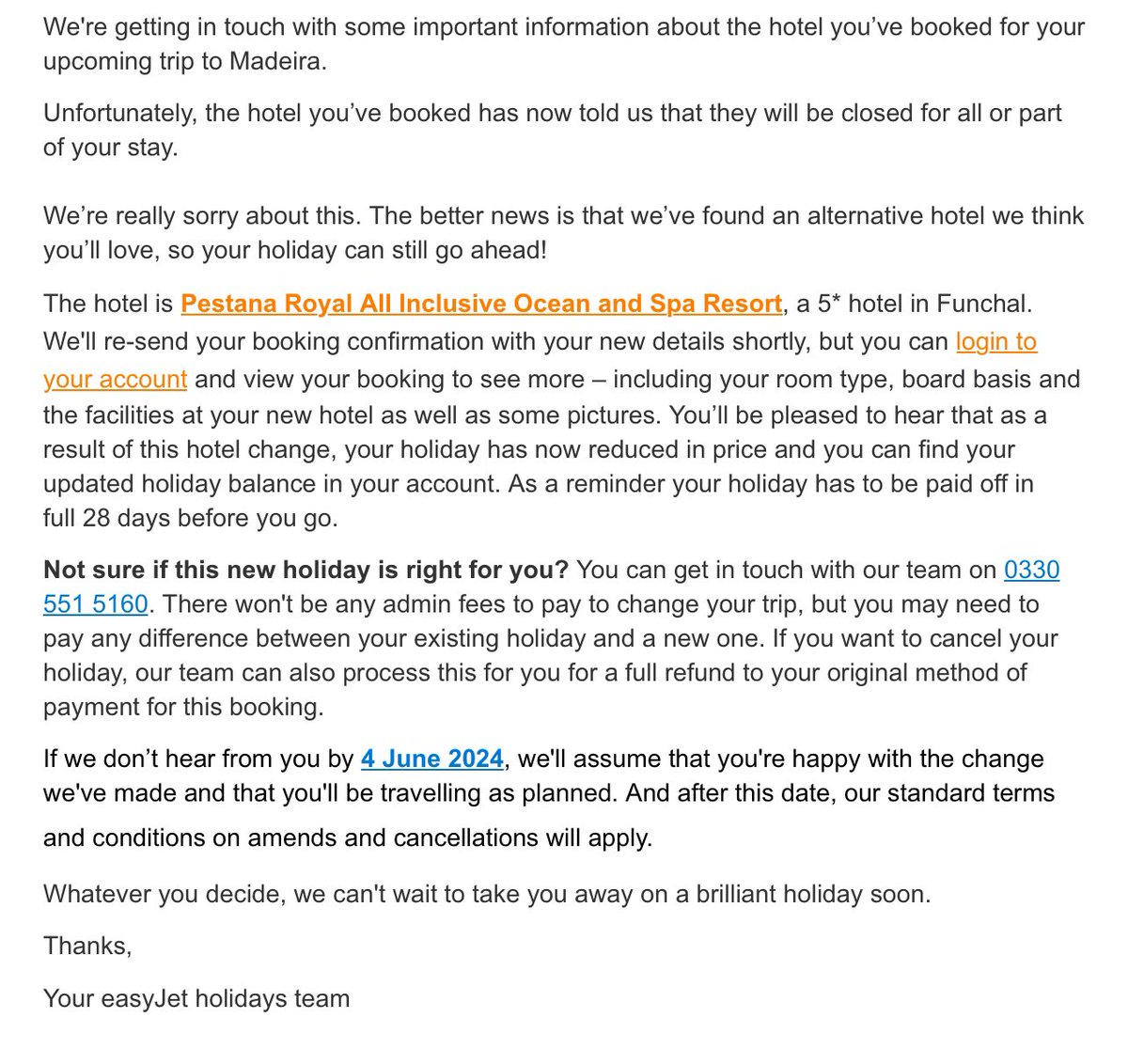 RHD32's tweet photo. @easyJetholidays Finally received the email today confirming our holiday will not be going ahead! Now on to the customer service team being told I can only receive a cast to my account!! Email clearly states a full refund. Give me strength https://t.co/Zjh8QasCLq