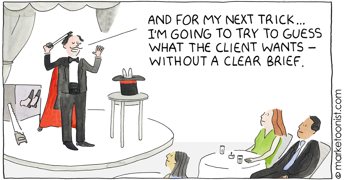 “Guessing the Brief” - new cartoon and post marketoonist.com/2024/05/guessi… “If the creative brief is not itself creative, what right do its authors have to expect anything different?” - Pat Fallon #marketing #cartoon #marketoon