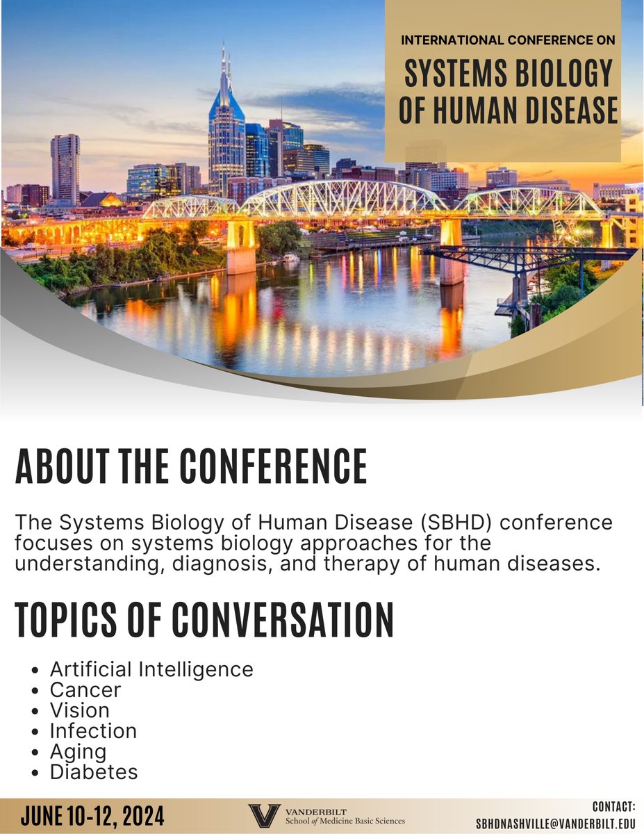 Quantitative Systems Biology Center at Vanderbilt (@vu_qsbc) on Twitter photo REGISTRATION CLOSING THIS FRIDAY!
Register this week to attend this year's conference in Nashville, TN, USA <a href="/VanderbiltU/">Vanderbilt University</a>.
Registration will be closing THIS FRIDAY at 11:59PM CST.
For pricing and registration information: sbhdnashville.org/registration/
#sbhdnashville #sbhd2024 REGISTRATION CLOSING THIS FRIDAY!
Register this week to attend this year's conference in Nashville, TN, USA <a href="/VanderbiltU/">Vanderbilt University</a>.
Registration will be closing THIS FRIDAY at 11:59PM CST.
For pricing and registration information: sbhdnashville.org/registration/
#sbhdnashville #sbhd2024