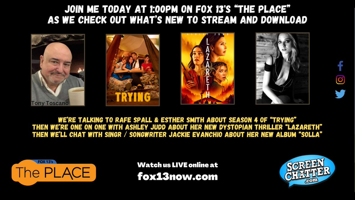 This afternoon at 1PM (MT) on #Fox13's #ThePlace we're chatting with #AshleyJudd, #RafeSpall, #EstherSmith & #JackieEvancho 

#Trying #Lazareth #Solla #ScreenChatter