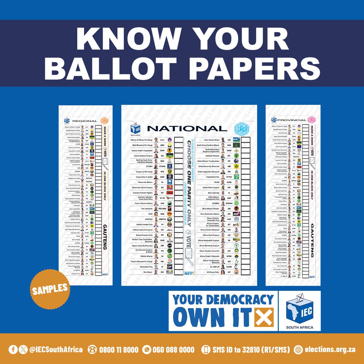 These are the 3 ballot papers you will receive. 

One is regional, one is national &amp; one is provincial. 

You can only vote once on each ballot. Remember to make your mark clearly within the lines next to your chosen party as to not spoil your ballot. 

#WeAreVoting
#Each1Take1