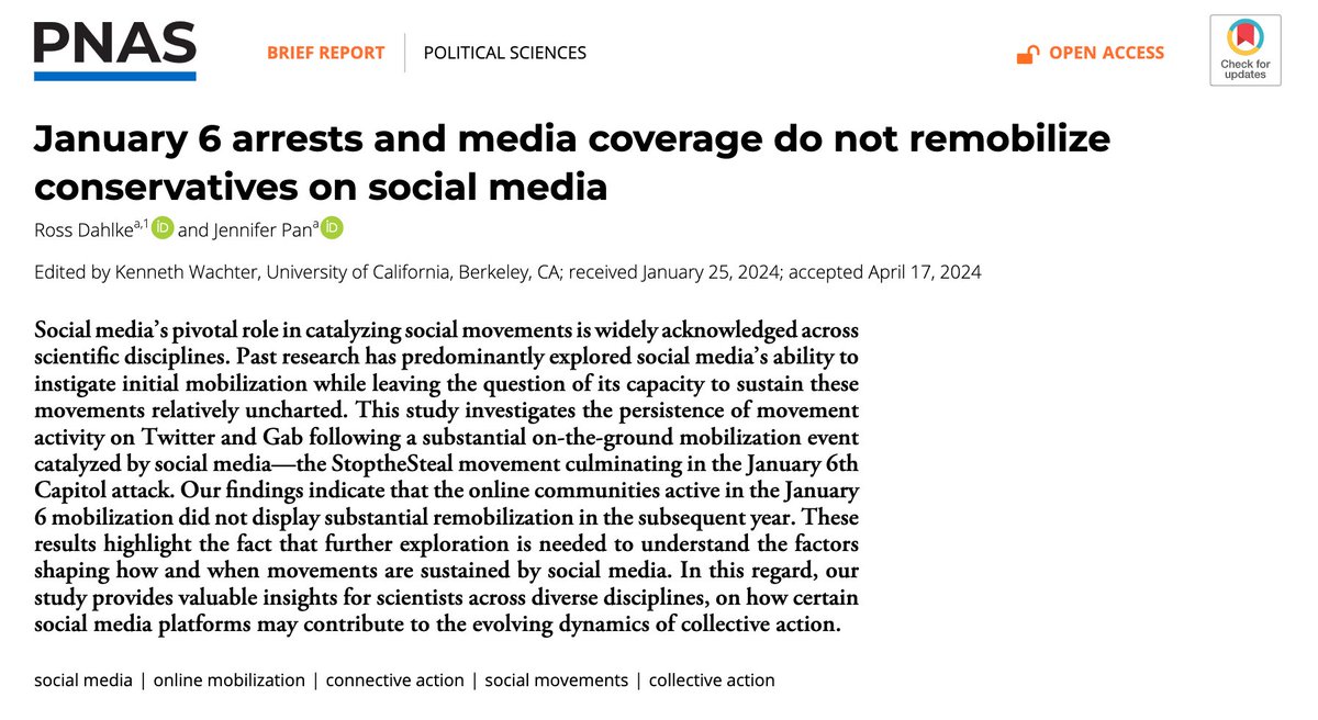 Ross_Dahlke's tweet photo. ✨ new from me &amp; @jenjpan in @PNASNews. We find that "January 6 arrests and media coverage do not remobilize conservatives on social media," suggesting we need more work to understand under what circumstances social media can _sustain_ movements https://t.co/a8KaRXa3cn https://t.co/MRfi3zuk4z