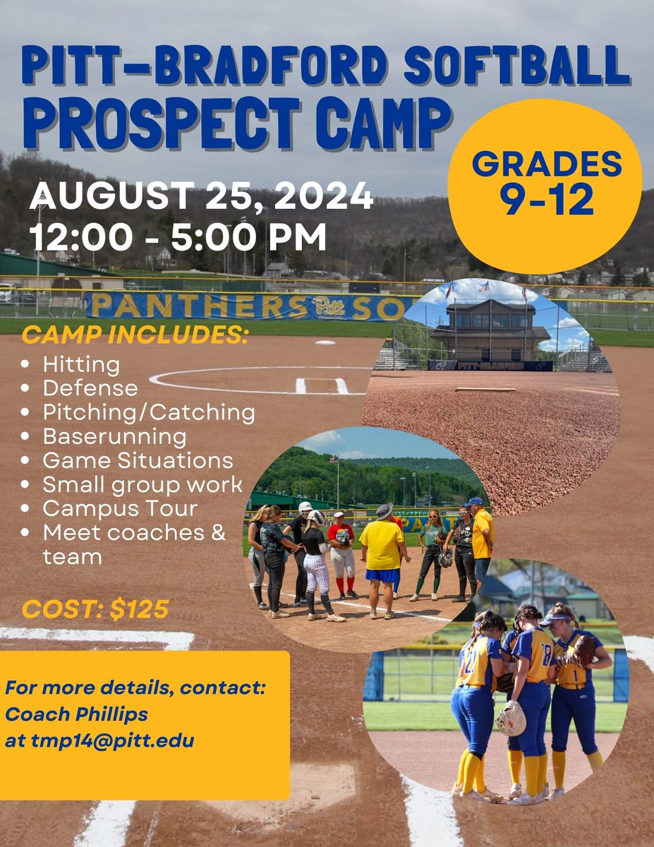 MARK YOUR CALENDAR!  Come show your skills and learn about the game at the next level!   #upbsb #PittBradfordSoftball #SoftballCamp #ProspectCamp