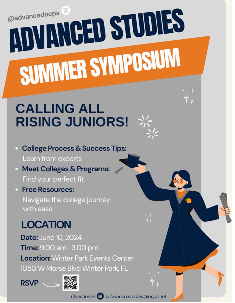 The Advanced Studies Summer Symposium is scheduled for June 10, 2024, at the Winter Park Events Center in Winter Park, FL from 9:00 am-3:00 pm. You are welcome to drop-in anytime between 9:00 am and 3:00 pm.
