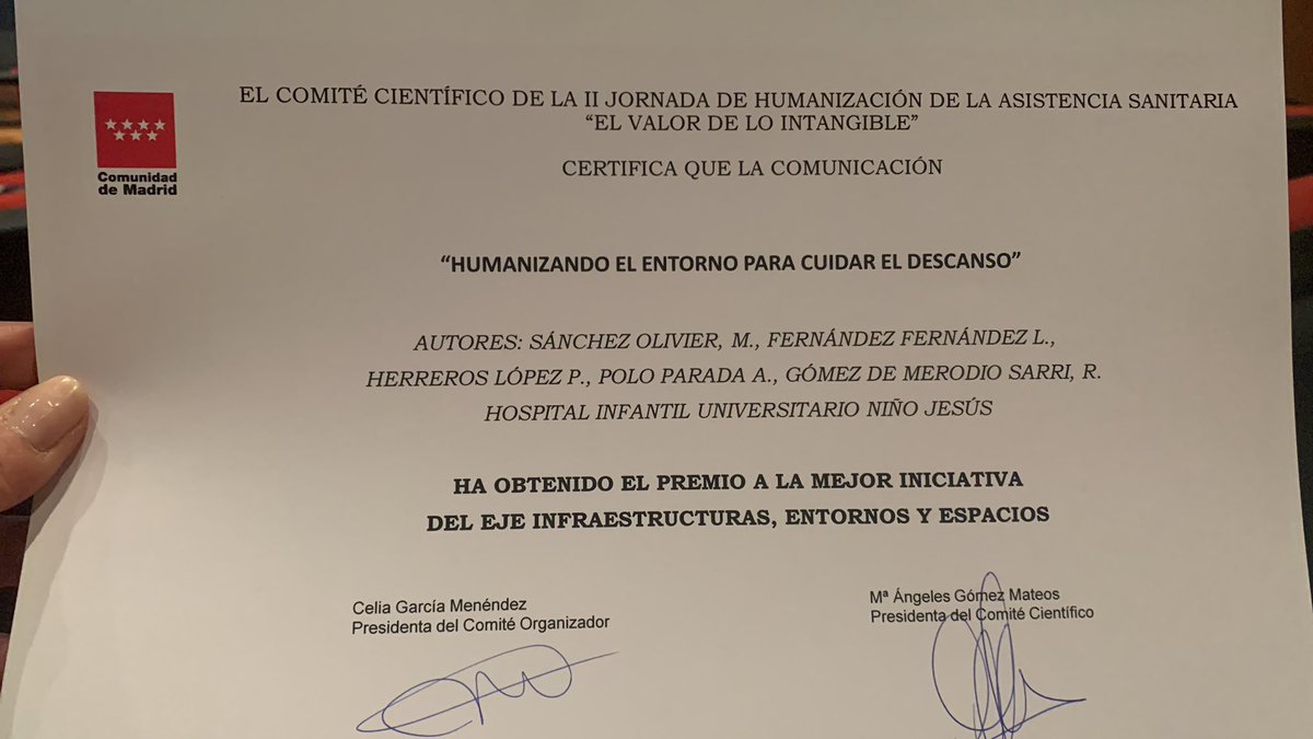NuriaDeArgila's tweet photo. Premio a la mejor comunicación oral iniciativa del eje infraestructuras, entornos y espacios con el proyecto “HUMANIZANDO EL ENTORNO PARA CUIDAR EL DESCANSO” en la #IIJornadaDeHumanizacion para ➡️el Hospital Universitario Niño Jesús 👏🏽👏🏽👏🏽 @PilarHerrerosL 

Enhorabuena equipo 🍾! https://t.co/Qf9jNeXjeb