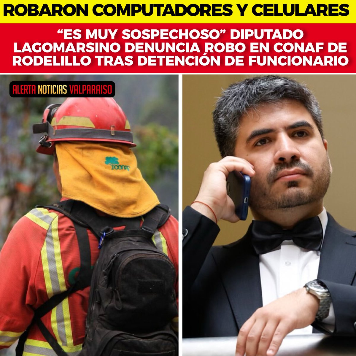 AlertaNoticiasV's tweet photo. Conaf realizó la denuncia luego de que el diputado Lagomarsino solicitara explicaciones tras el robo, dicho suceso habría ocurrido el día sábado. 

El diputado @drlagomarsino denunció un robo de computadores y celulares en la Central de Incendios de Conaf en Rodelillo, calificándolo de “muy sospechoso” tras la reciente detención de un exbrigadista acusado de iniciar el megaincendio en la Región de Valparaíso. Lagomarsino también mencionó que el director regional de Conaf pidió permiso para ausentarse, dejando a la institución en una situación crítica.

“Esto es muy sospechoso, producto de que el día anterior habían capturado a uno de los eventuales responsables, un exbrigadista de la Conaf, que inició el megaincendio que afectó a las comunas de Viña del Mar y Quilpué”, agregó el Diputado.