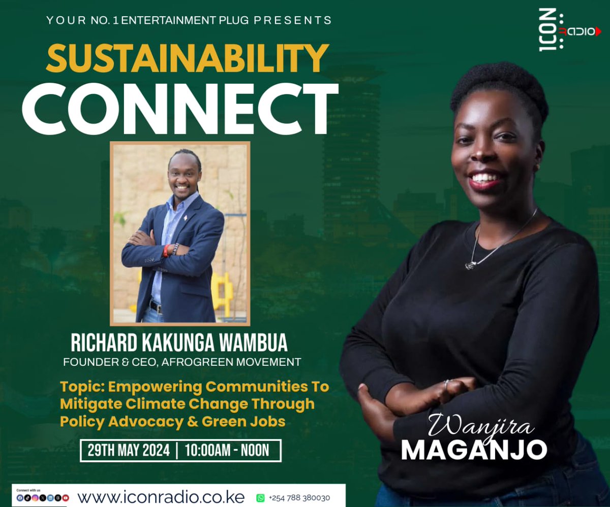 Tune in to @iconradioke  from 10am-Noon,where I'll discuss:
'Empowering #Communities to #Mitigate #Climate Change through #PolicyAdvocacy & #GreenJobs'🔋

 iconradio.co.ke/shows/sustaina…

#BaloziGreen #ClimateDiplomacy

@Environment_Ke @HonTuya @Eng_F_Ngeno @KeForestService @Afrogreen_