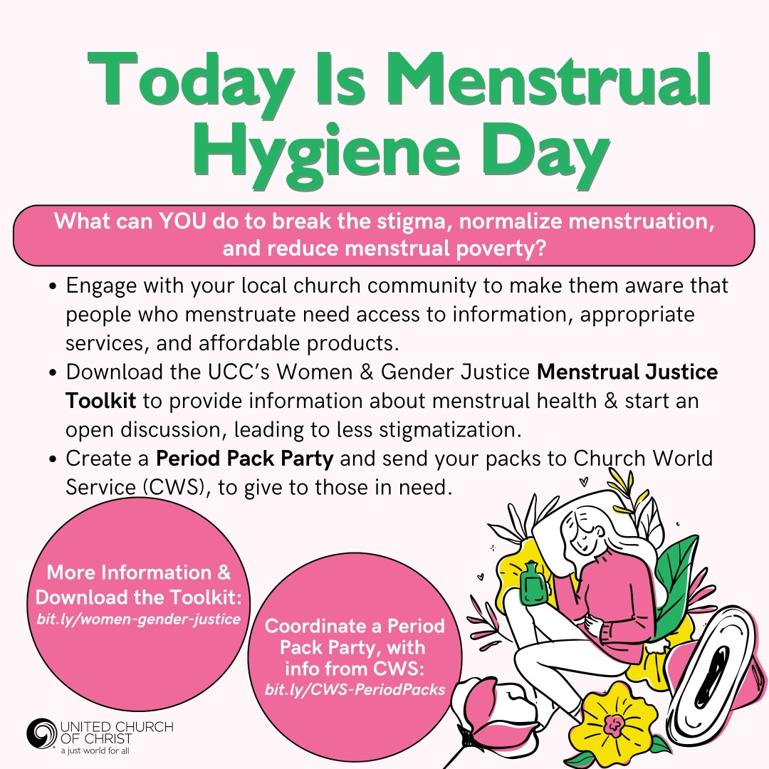 ❣️TODAY is #MenstrualHygieneDay!❣️

What can YOU do to normalize menstruation & ⬇️ menstrual poverty?

Check out:
👉🏾#UCC's Women & Gender Justice Ministry #MenstrualJustice Toolkit: ow.ly/NUyz50RYMCQ
👉🏾And @CWS_global's #PeriodPack Initiative: ow.ly/4Qbw50RYMFf