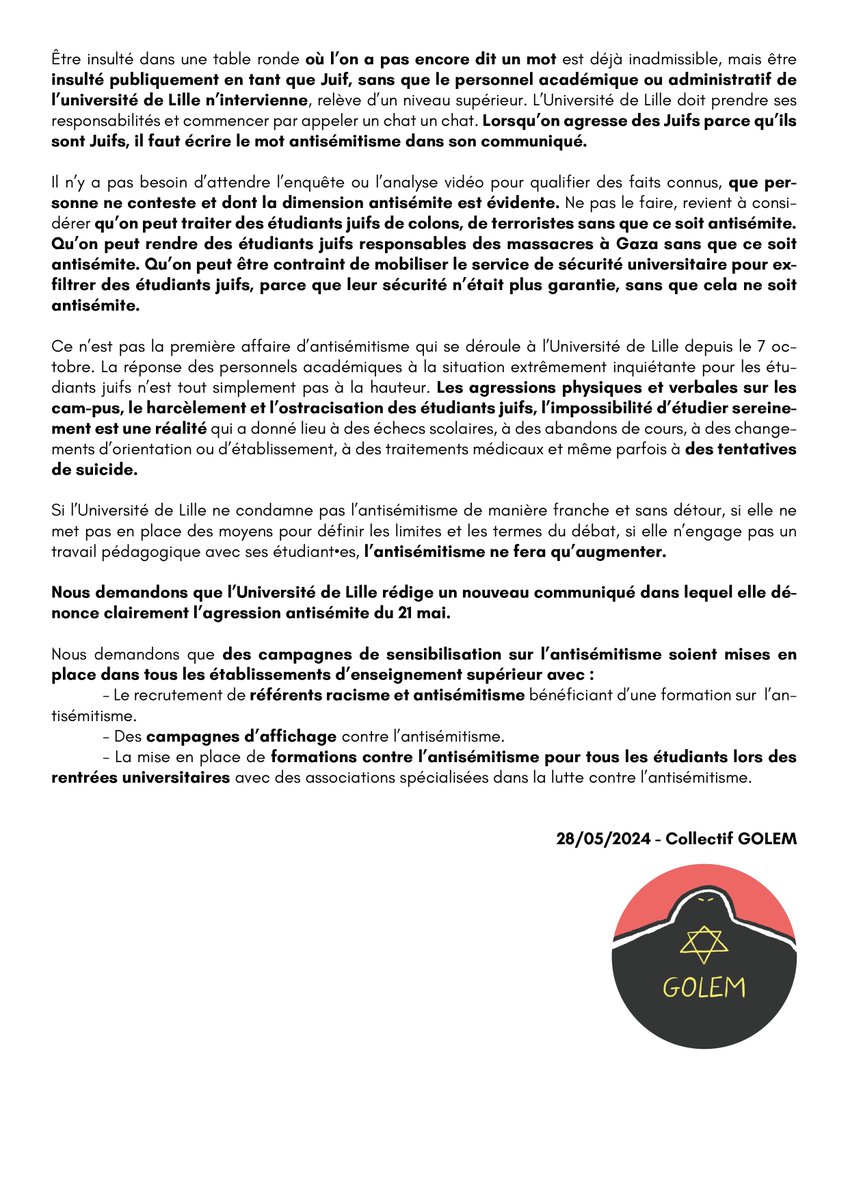Réponse au communiqué de l'Université de Lille, les administrations universitaires doivent cesser de cacher l'antisémitisme sous le tapis et prendre leur responsabilité