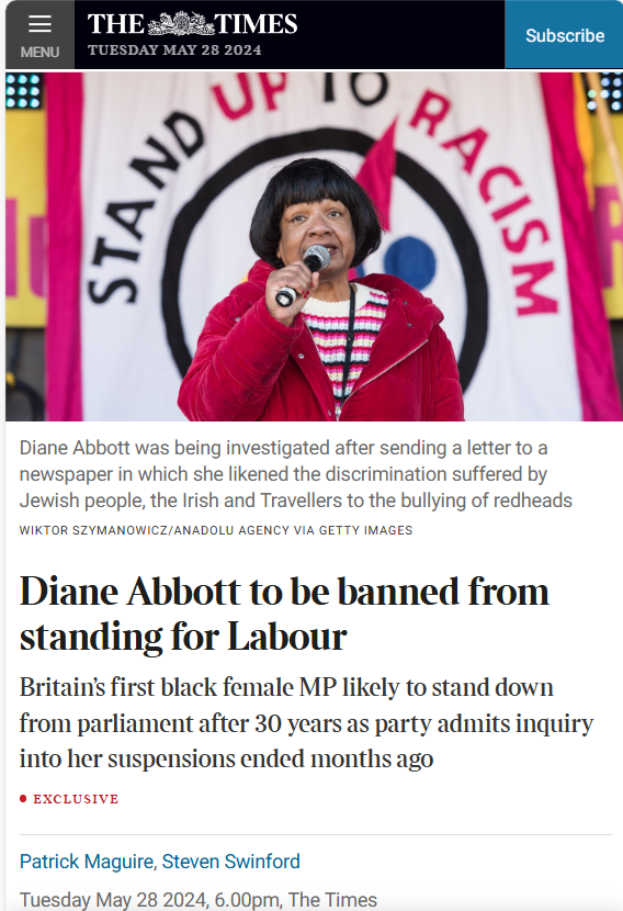 Anybody still voting Labour? 'Diane Abbott to be banned from standing for Labour' thetimes.co.uk/article/06fc92…