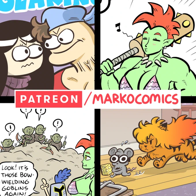 May exclusive episodes are out! Staring contest! Orc in bikini! Cat and mouse! I make 4 every month, and by becoming a highest tier member you'll also get access to previous months/years comics (over 150 and counting!) + other neat rewards! 