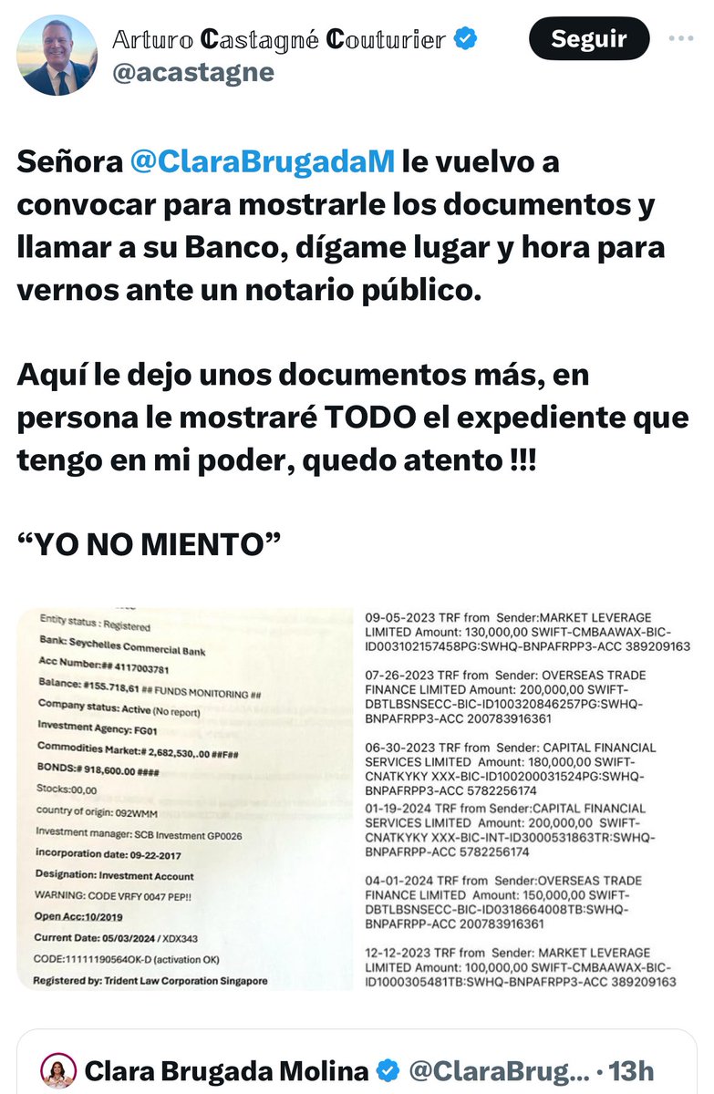 Acto 1: La sra Brugada sale a decir que los millone$$$ en paraísos fiscales que le comprobó @acastagne son parte de un complot.

Acto 2: El empresario Castagné le da derecho de réplica ante notario público.

Acto 3: La Señora Brugada no dice ni PÍO.

¿Cómo le pondrían a la obra?