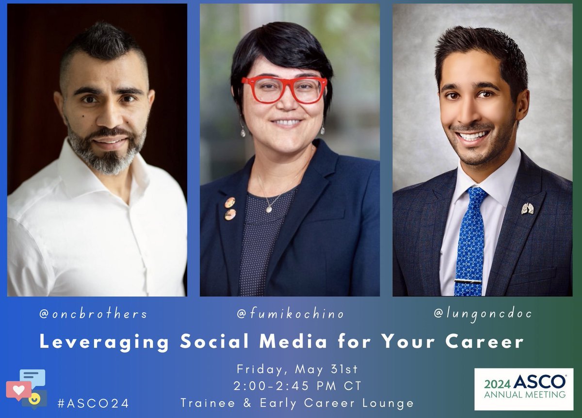 #ASCO24 Day 1:
Join me with Drs @OncBrothers @lungoncdoc & moderator @MadisonConces to discuss how #socialMedia #SoMe can accelerate your career!

📅Friday 5/31
⏲️2 pm CT
🗺️@ASCOTECAG Trainee & Early Career Lounge, Hall C (next to Meeting Registration)

conferences.asco.org/am/trainee-ear…
