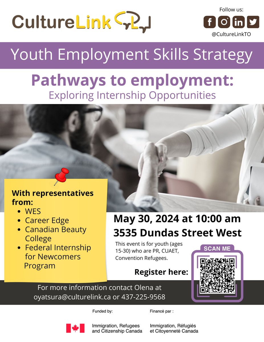 Join our Youth Employment event for insight information about internship programs, paid placements, and training programs for newcomer youth. Learn about different options that can lead to full time job placements.
Scan the QR code to register, or visit
bit.ly/3WotviQ