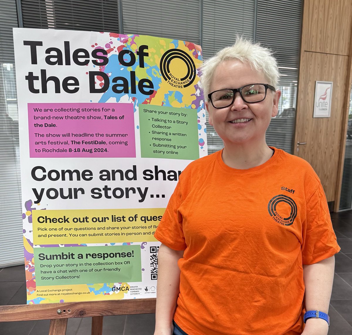 A fab day in my orange t-shirt collecting stories of Rochdale for #TalesOfTheDale ⁦@rxtheatre⁩ FestiDale24 More dates to come to meet us & chat