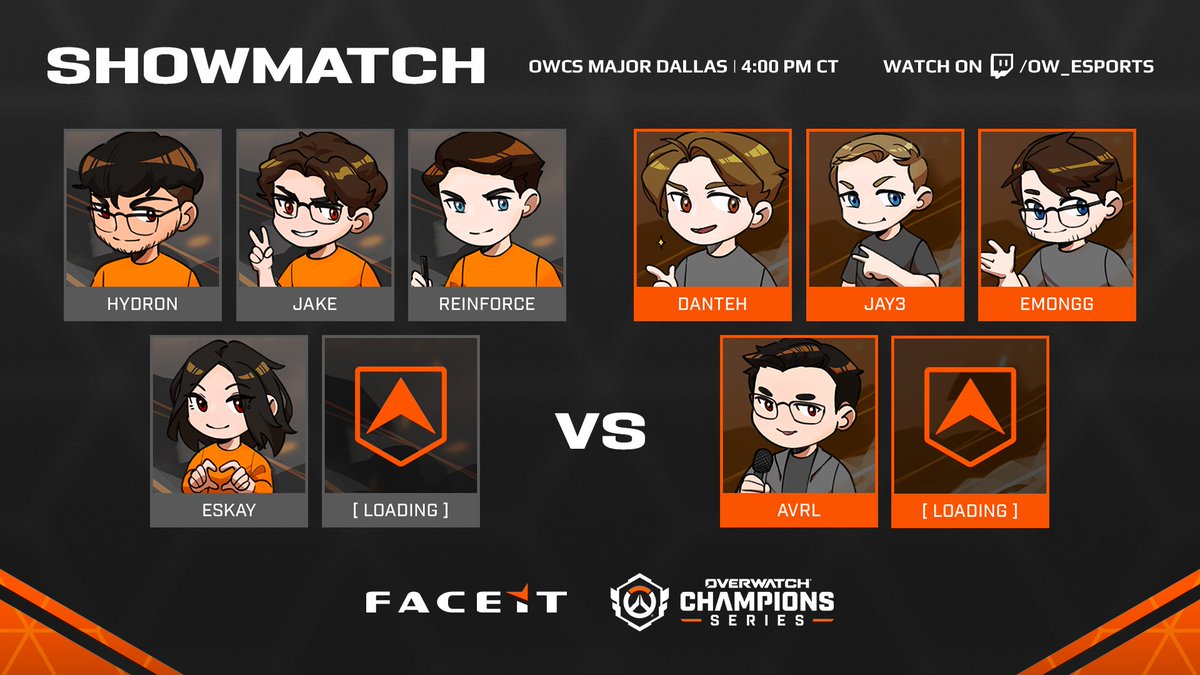 FACEIT Overwatch (@faceit_ow) on Twitter photo Introducing: The FACEIT Showmatch 🏟️
Watch eight of your favorite #Overwatch2 creators compete alongside some special guests straight from the FACEIT League!
📌 OWCS Major Dallas
🗓️ Saturday, June 01 | 4:00 PM CT
📺 Live on <a href="/OW_Esports/">Overwatch Esports</a> Twitch Introducing: The FACEIT Showmatch 🏟️
Watch eight of your favorite #Overwatch2 creators compete alongside some special guests straight from the FACEIT League!
📌 OWCS Major Dallas
🗓️ Saturday, June 01 | 4:00 PM CT
📺 Live on <a href="/OW_Esports/">Overwatch Esports</a> Twitch