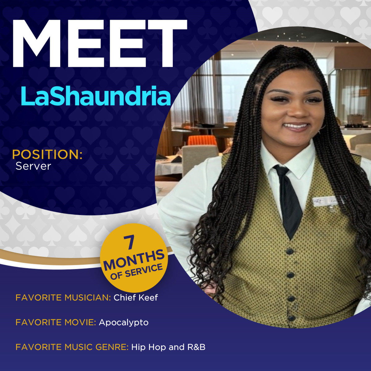 LaShaundria is one of our stellar Ruthie's servers! She loves the film Apocalypto and Chief Keef, and listens to Hip Hop and R&B.

Want to join our exceptional team like LaShaundria? Visit brnw.ch/21wKdsn

#rhythmcitycasino #quadcities #workelite #beelite