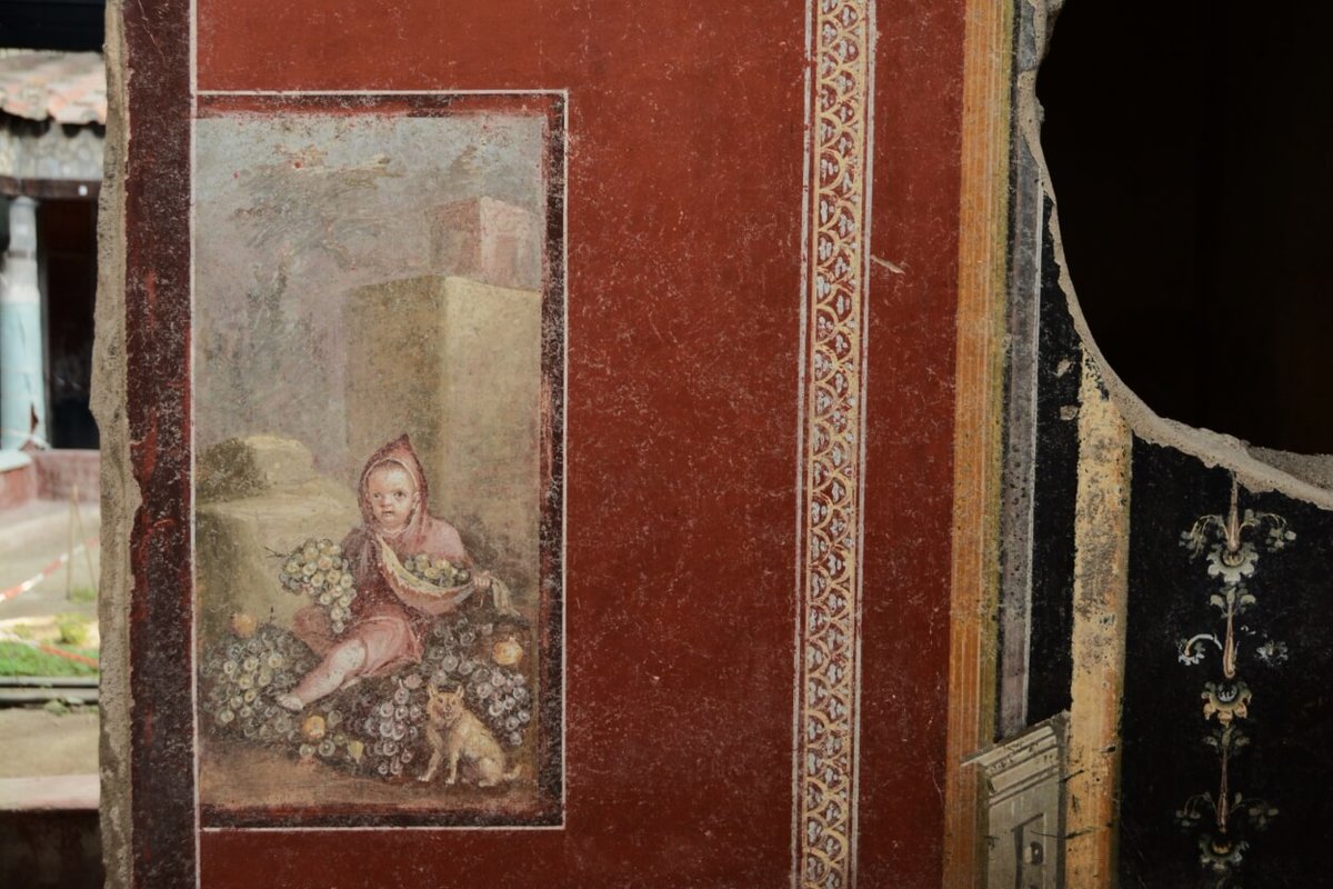 ¿Qué dibuja un niño pompeyano en las paredes de su casa? El proyecto de excavación y apertura al público de la Insula dei Casti Amanti en Pompeya, ha sacado a la luz unos grafitis realizados por manos infantiles hace dos mil años. Y unos frescos bellísimos. A disfrutarlos 🧵👇