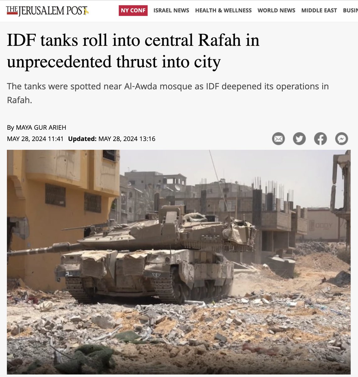 The Biden administration via @StateDeptSpox: 'With respect to reports of tanks in central Rafah today, it's not something we can see or have been able to verify at this point.' Israeli media: