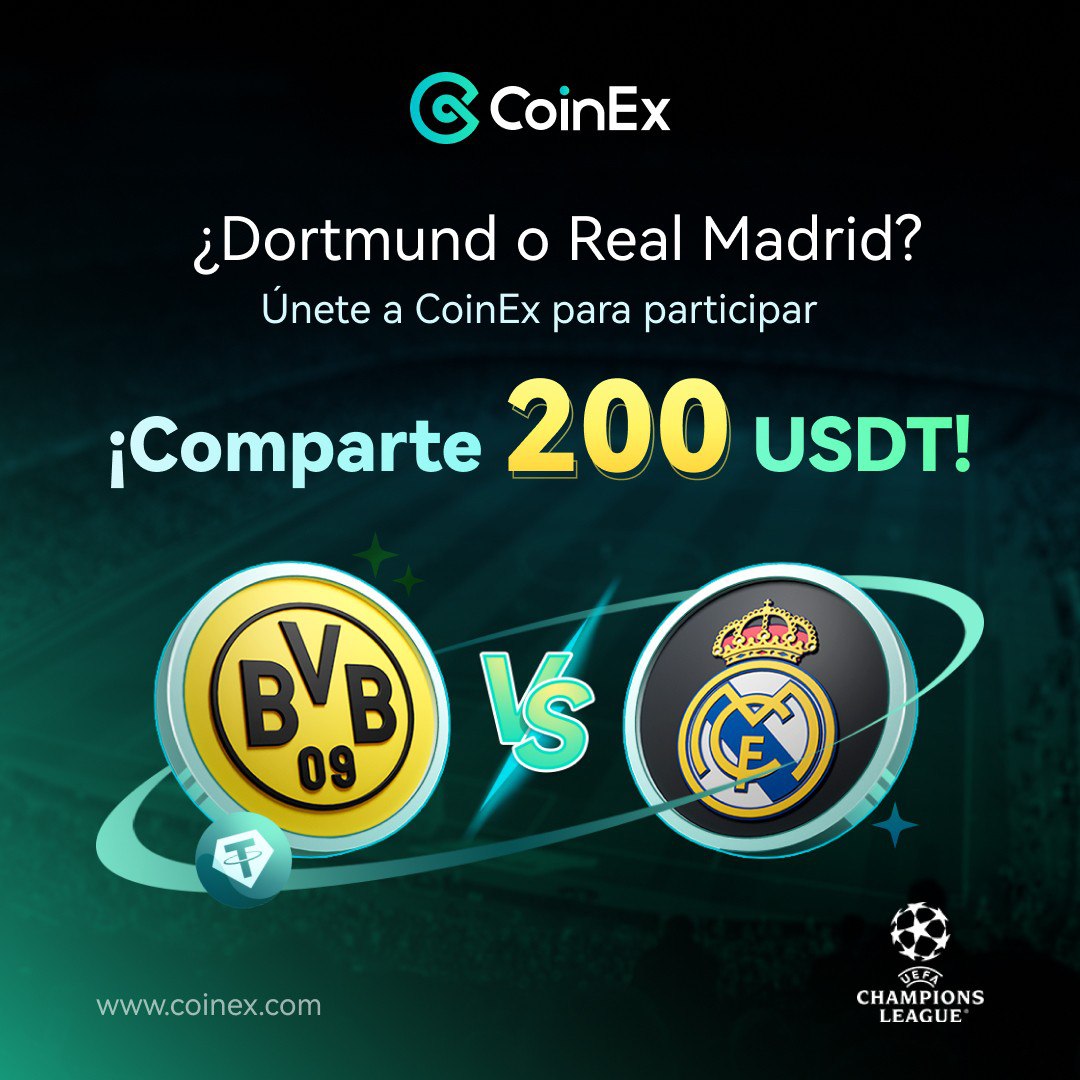 CoinExSpanish's tweet photo. ⚽️🏆¡Disfruta la final de la champions con CoinEx! 

💰Predice el equipo ganador y comparte 200 $USDT. 
💸Predice el marcador exacto  y comparte 100U. 

¿Cómo Participar?
1. Únete a nuestra Comunidad en Español de CoinEx: https://t.co/PvEcSCDzyb
2. Deja el hashtag en la comunidad con tu predicción (Ejemplo: Real Madrid 2-1 Dortmund #CoinExUEFA2024)
3. Rellena el form antes del 1ro de junio: https://t.co/8hKo12736T

¡Que ruede el balón y la suerte esté de tu lado! 🎉🤞
