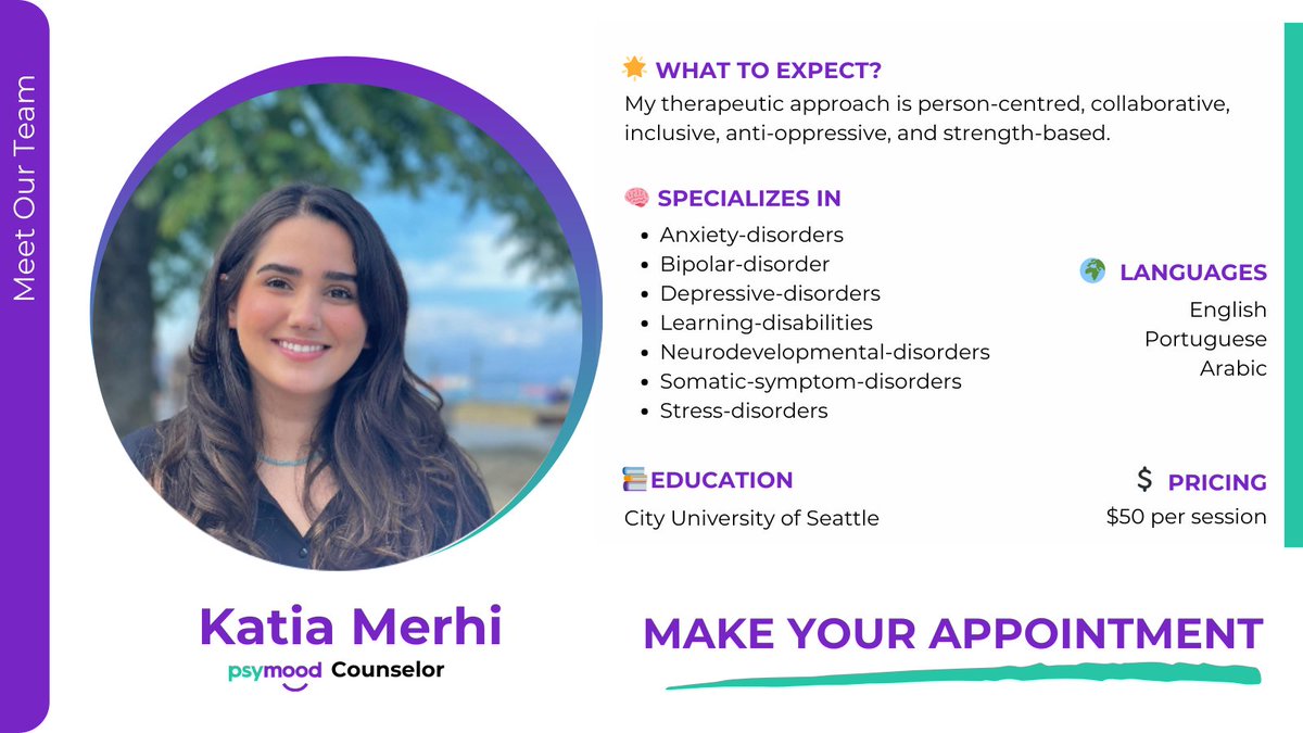 Meet our dedicated mental health team. This week’s spotlight: Katia Merhi, a compassionate and experienced counsellor.

🔗 Book now!
app.psymood.com/specialists/k-…

#MentalHealth #Therapy #Counseling #Psymood #MeetOurTeam #Anxiety #Depression #BipolarDisorder #InclusiveTherapy