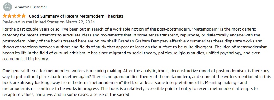 A recent 5-star review of my book 'Metamodernism: Or, The Cultural Logic of Cultural Logics'