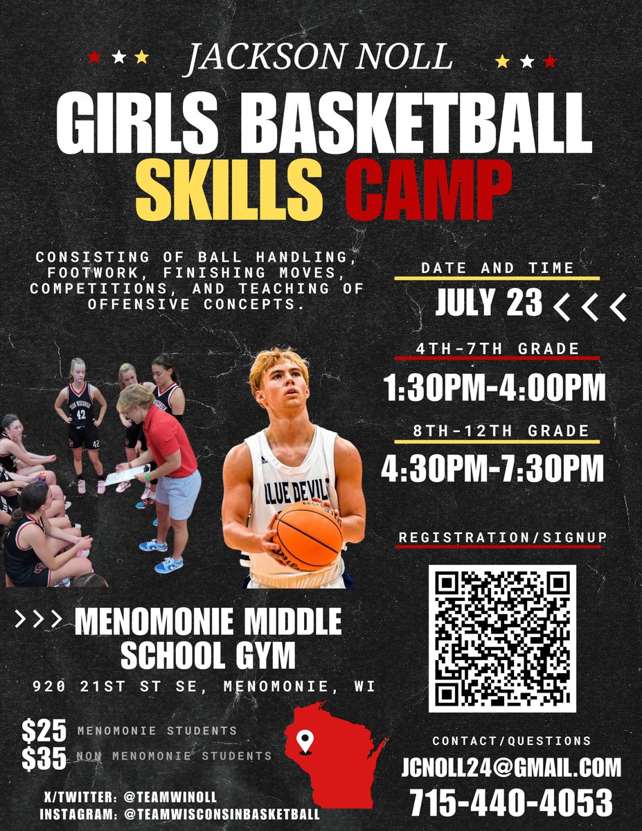 I will be running a one-day girls basketball camp July 23rd at Menomonie Middle School.

Offensive skills, competitions, and learning offensive concepts. High energy camp! Open to 4-12th graders.

Registration/information on the camp: forms.gle/oRNdR9a4frPDrH…