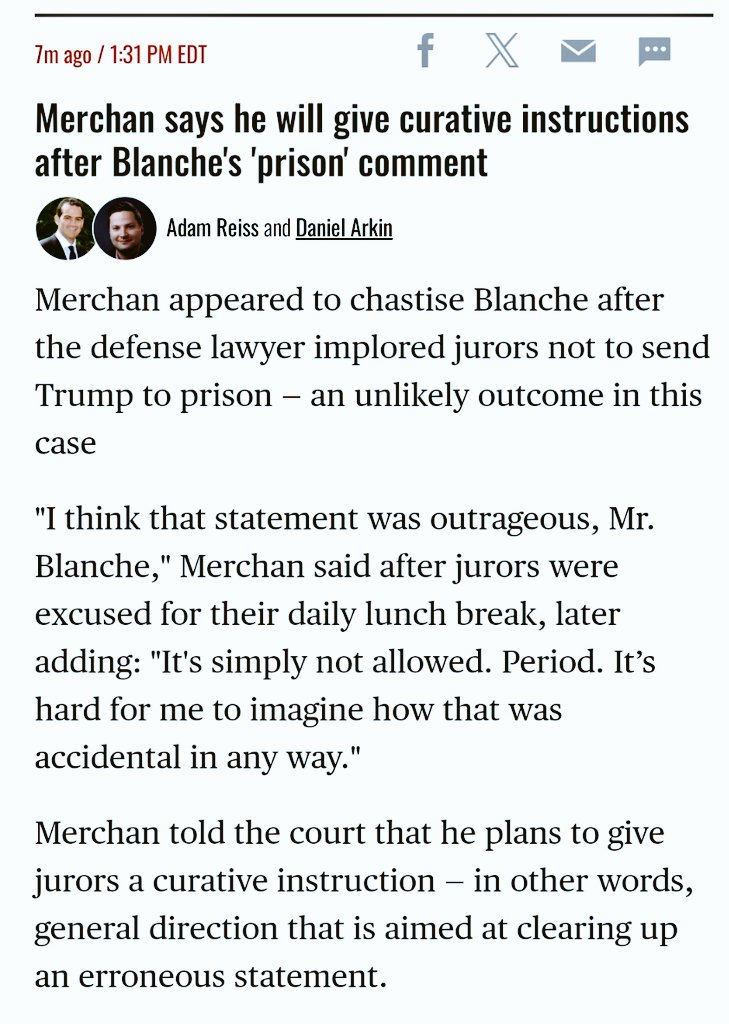 #TrumpTrial LIVE #HushMoneyCase #updates cont 👉 Judge Merchan says He will give curative instructions after Blanche's inappropriate 'prison' comment to the jurors 👉Judge excused jury for lunch 👉 Judge Merchan to Trump Atty: 'I think that statement was outrageous, Mr Blanche👇