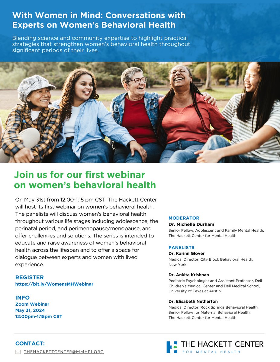 Michelle P. Durham, MD, MPH (@mdurhammd) on Twitter photo Please join us this Friday from 12-1:15pm CST for a panel discussion on Women’s Behavioral Health across the life span <a href="/HackettCenter/">The Hackett Center for Mental Health</a> #MentalHealthMay2024
Register here us02web.zoom.us/webinar/regist… Please join us this Friday from 12-1:15pm CST for a panel discussion on Women’s Behavioral Health across the life span <a href="/HackettCenter/">The Hackett Center for Mental Health</a> #MentalHealthMay2024
Register here us02web.zoom.us/webinar/regist…