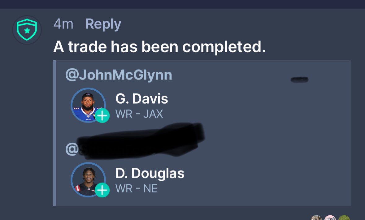 More trades in the Mighty McGlynn dynasty home leagues.
Douglas had a nice rookie season, but I’m taking the guy who just signed a fat contract with a much better QB in my opinion.
Thoughts?
Full PPR start 3 WR’s and 2 Flex
With yardage bonuses