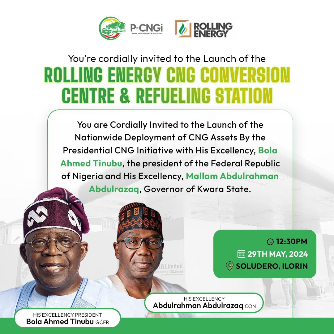 The highly anticipated launch of Rolling Energy’s CNG conversion center and refueling station is just around the corner. 

Join us in Kwara for the exciting #CNGRollOut event and contribute to shaping a greener and more sustainable energy landscape for the future.
#PCNGi