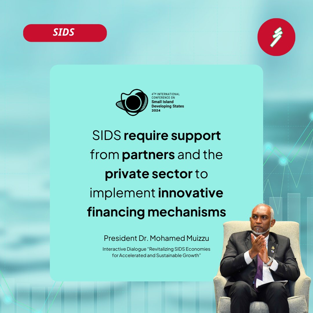 SIDS require support from partners and the private sector to implement innovative financing mechanisms - President @MMuizzu 

#SIDS4
#SmallIslands
#MaldivesAtSIDS4