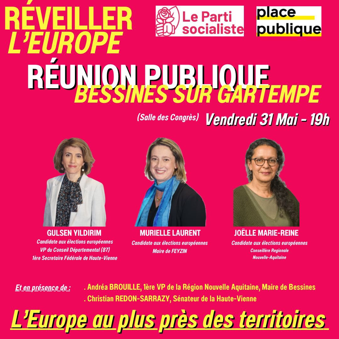 📌Rendez-vous à Bessines ce vendredi à 19h00 pour une réunion publique avec les candidats de la liste @ReveillerEurope derrière Raphaël Glucksmann 👉🏻 Pour une Europe au plus près des territoires, qui nous protège, garantit la justice sociale et défend notre pouvoir d’achat 🇪🇺💪🏻🌹