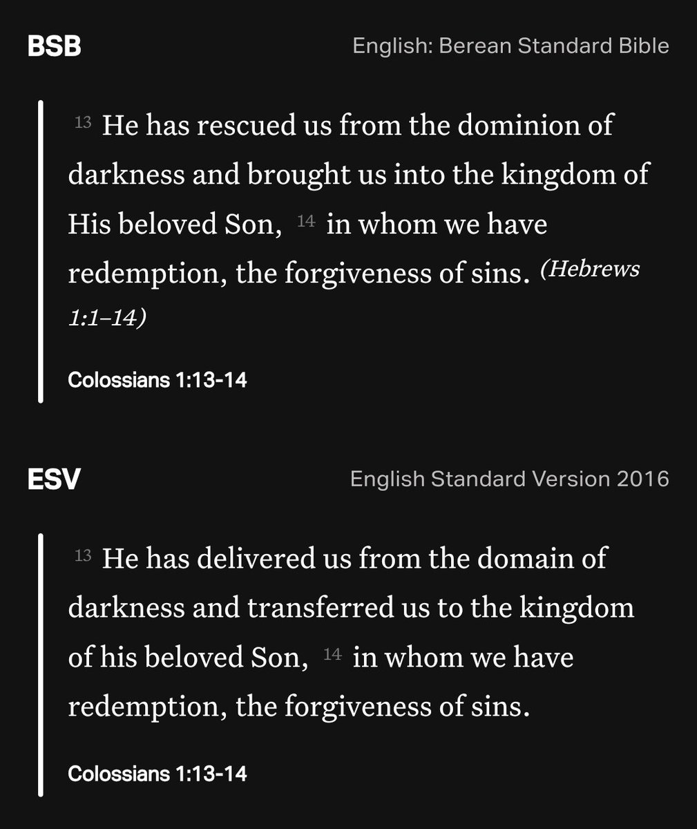 Today's BSB vs. ESV comparison.
I really prefer the BSB's 'brought us...' over the ESV's 'transferred us...'