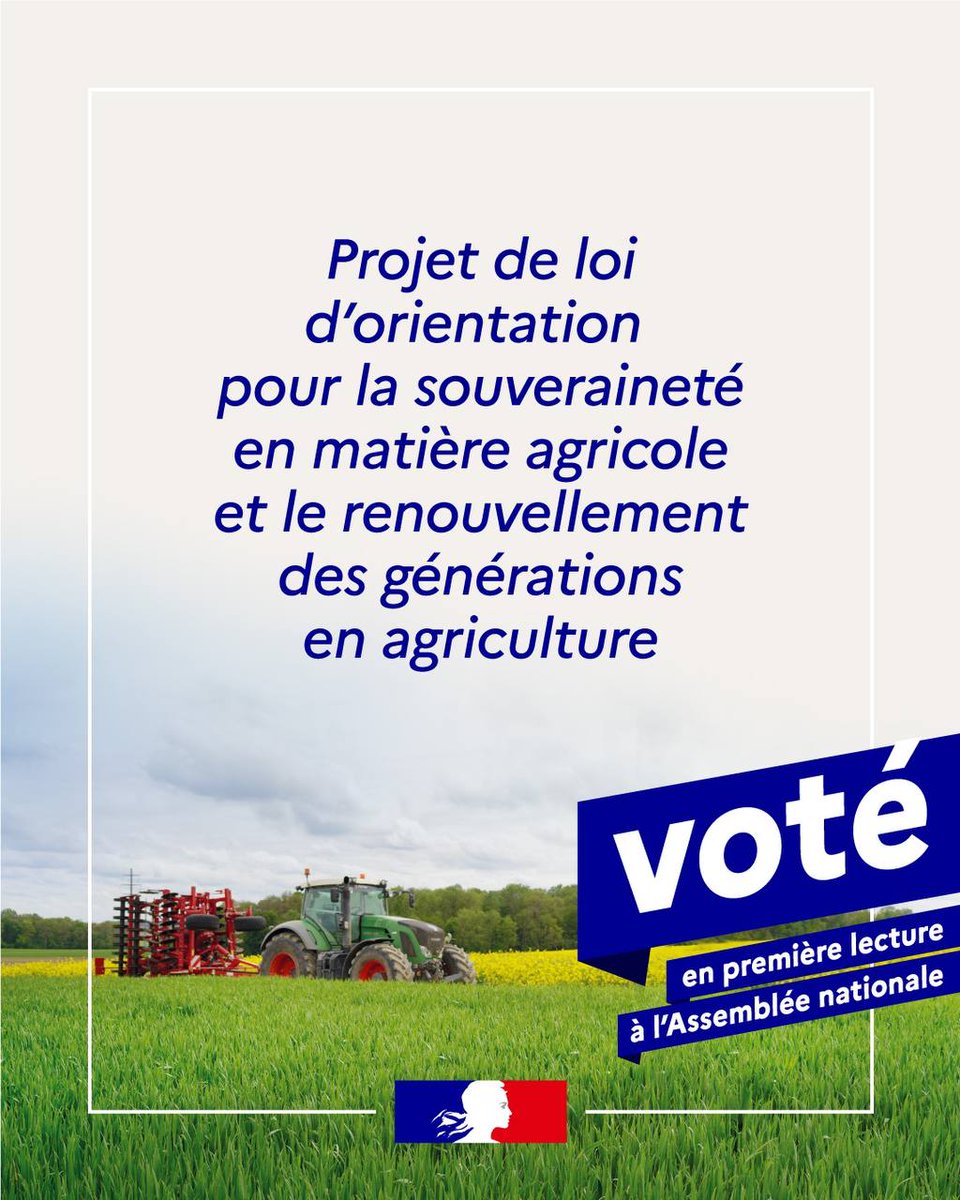 Je salue l’adoption, par l’ @AssembleeNat, du projet de loi d’orientation pour la souveraineté en matière alimentaire et agricole et le renouvellement des générations en agriculture. Ce vote vient traduire et enrichir le résultat de six mois de concertation avec l’ensemble des