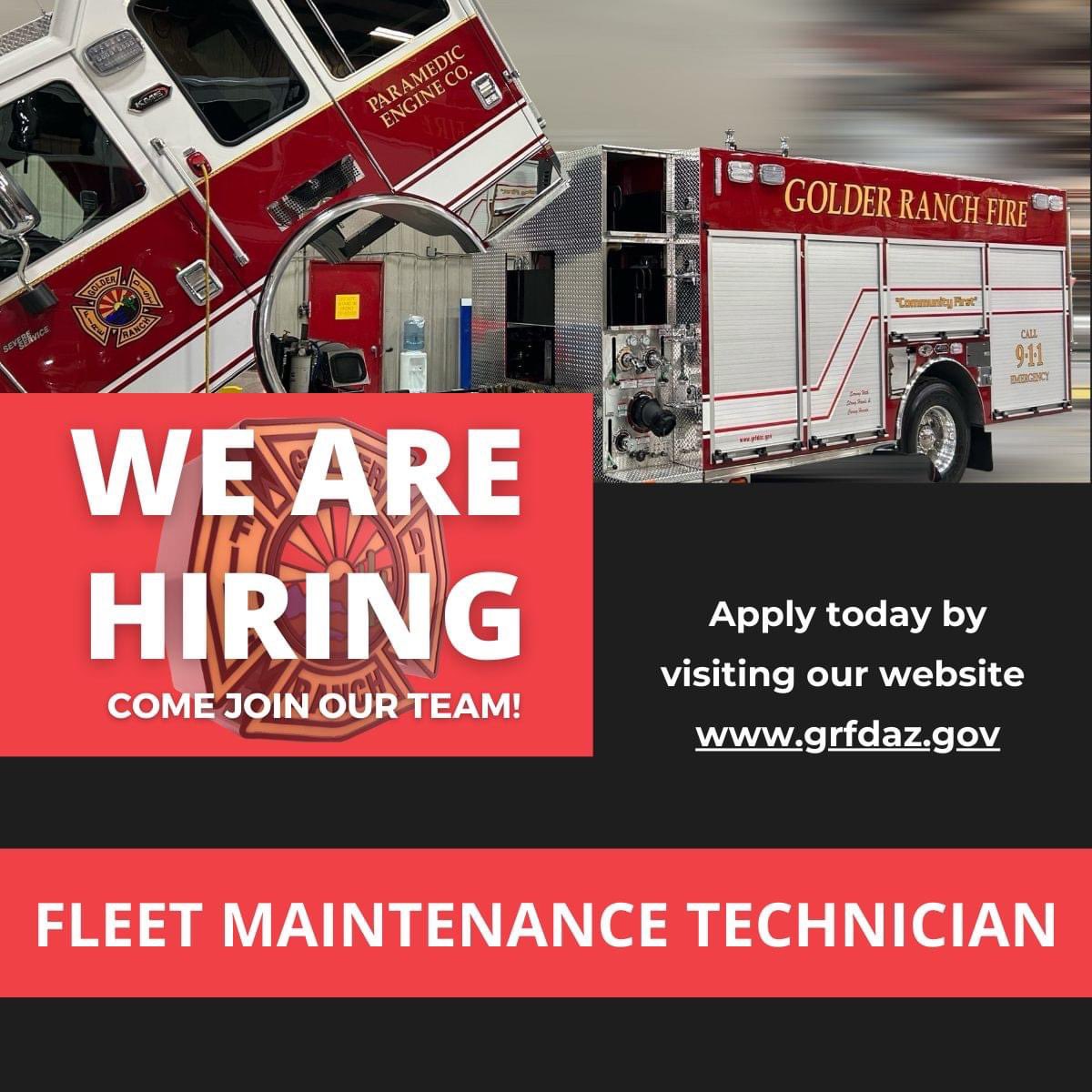 NOW HIRING: Keep emergency vehicles running smoothly and efficiently! 

Golder Ranch Fire District is seeking a Fleet Maintenance Technician to join our incredible team in ensuring the reliability and safety of our emergency response fleet.

Apply through this link: